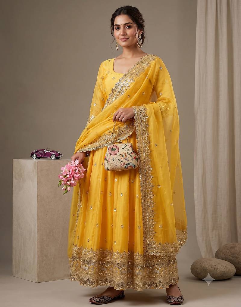 Yellow heavy sequins work partywear anarkali suit set