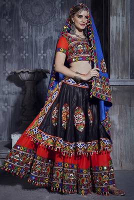 Red & Black Art Silk Gamthi Butta Mirror With Lace Work Chaniya Choli 1