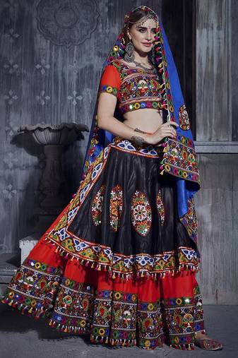 Red & Black Art Silk Gamthi Butta Mirror With Lace Work Chaniya Choli