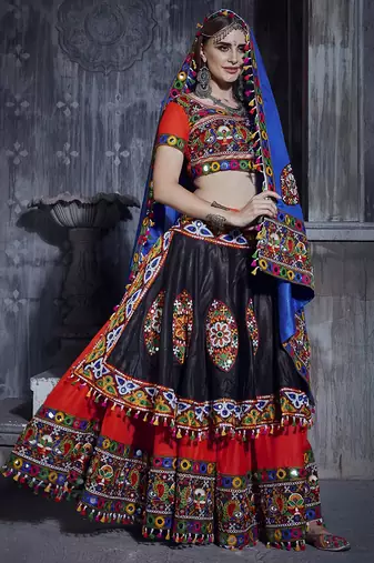 Red & Black Art Silk Gamthi Butta Mirror With Lace Work Chaniya Choli