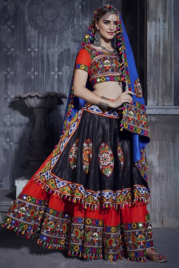 Red & Black Art Silk Gamthi Butta Mirror With Lace Work Chaniya Choli