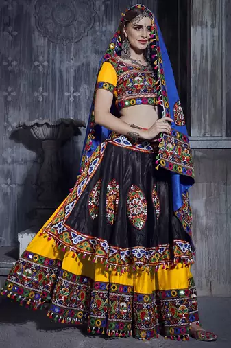 Yellow & Black Art Silk Gamthi Butta Mirror With Lace Work Chaniya Choli