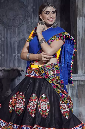 Yellow & Black Art Silk Gamthi Butta Mirror With Lace Work Chaniya Choli