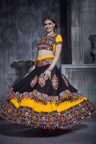 Yellow & Black Art Silk Gamthi Butta Mirror With Lace Work Chaniya Choli