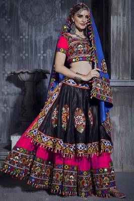 Rani & Black Art Silk Gamthi Butta Mirror With Lace Work Chaniya Choli 1