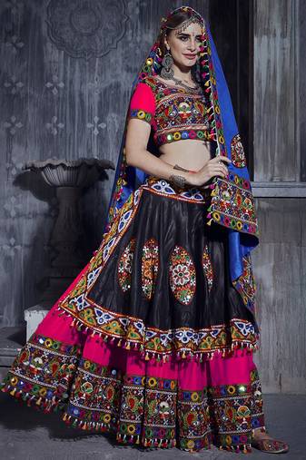 Rani & Black Art Silk Gamthi Butta Mirror With Lace Work Chaniya Choli