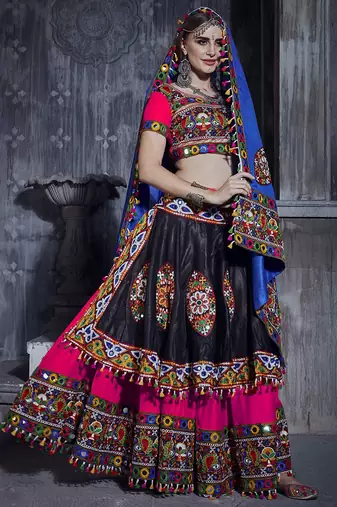 Rani & Black Art Silk Gamthi Butta Mirror With Lace Work Chaniya Choli