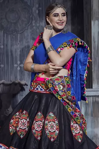 Rani & Black Art Silk Gamthi Butta Mirror With Lace Work Chaniya Choli