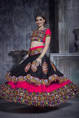 Rani & Black Art Silk Gamthi Butta Mirror With Lace Work Chaniya Choli 3