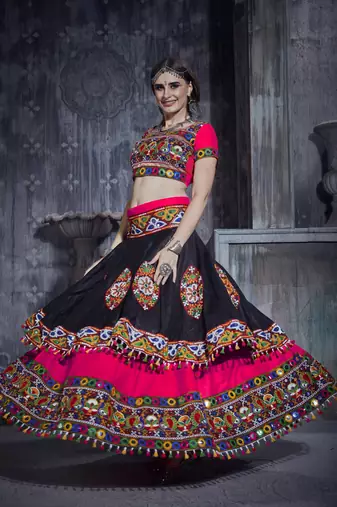 Rani & Black Art Silk Gamthi Butta Mirror With Lace Work Chaniya Choli