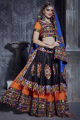 Orange & Black Art Silk Gamthi Butta Mirror With Lace Work Chaniya Choli 1