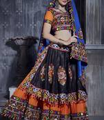 Orange & Black Art Silk Gamthi Butta Mirror With Lace Work Chaniya Choli