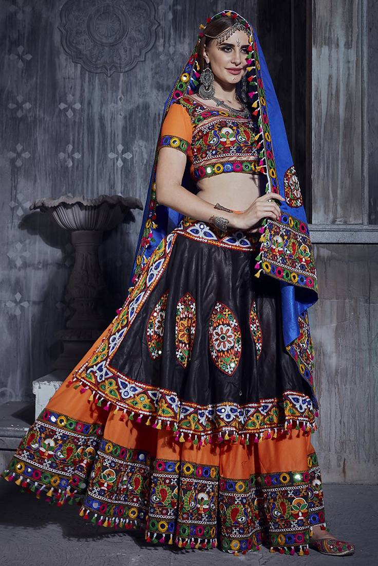 Orange & Black Art Silk Gamthi Butta Mirror With Lace Work Chaniya Choli