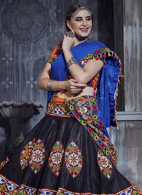 Orange & Black Art Silk Gamthi Butta Mirror With Lace Work Chaniya Choli 2