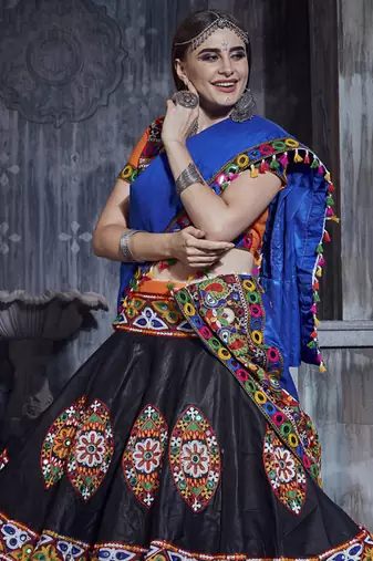 Orange & Black Art Silk Gamthi Butta Mirror With Lace Work Chaniya Choli