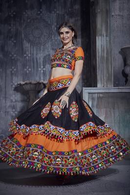 Orange & Black Art Silk Gamthi Butta Mirror With Lace Work Chaniya Choli 3