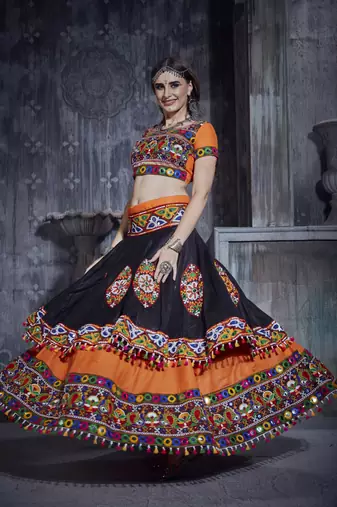 Orange & Black Art Silk Gamthi Butta Mirror With Lace Work Chaniya Choli