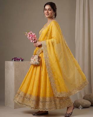 Yellow heavy sequins work partywear anarkali suit set 3
