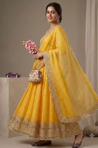 Yellow heavy sequins work partywear anarkali suit set
