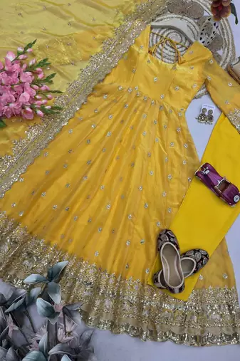 Yellow heavy sequins work partywear anarkali suit set
