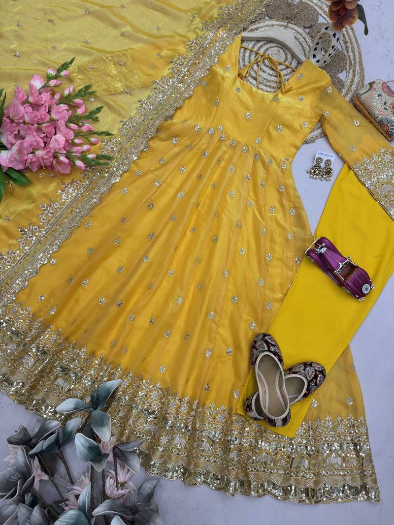 Yellow heavy sequins work partywear anarkali suit set