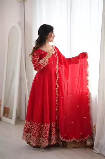 Designer red heavy embroidery work anarkali suit with dupatta