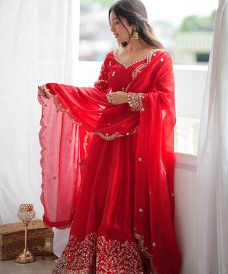 Designer red heavy embroidery work anarkali suit with dupatta 2