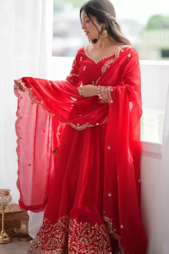 Designer red heavy embroidery work anarkali suit with dupatta
