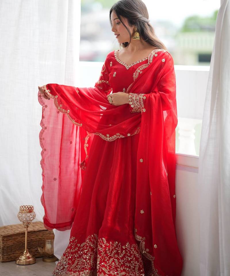 Designer red heavy embroidery work anarkali suit with dupatta