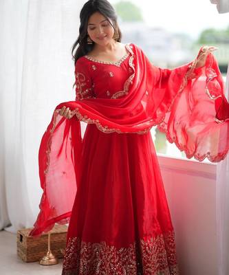 Designer red heavy embroidery work anarkali suit with dupatta 3