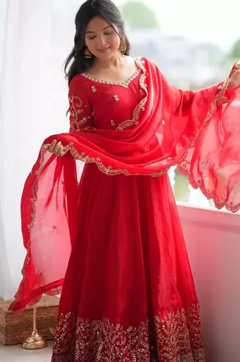 Designer red heavy embroidery work anarkali suit with dupatta
