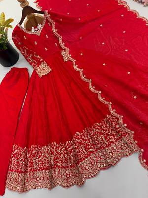 Designer red heavy embroidery work anarkali suit with dupatta 4