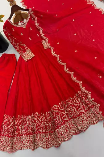 Designer red heavy embroidery work anarkali suit with dupatta