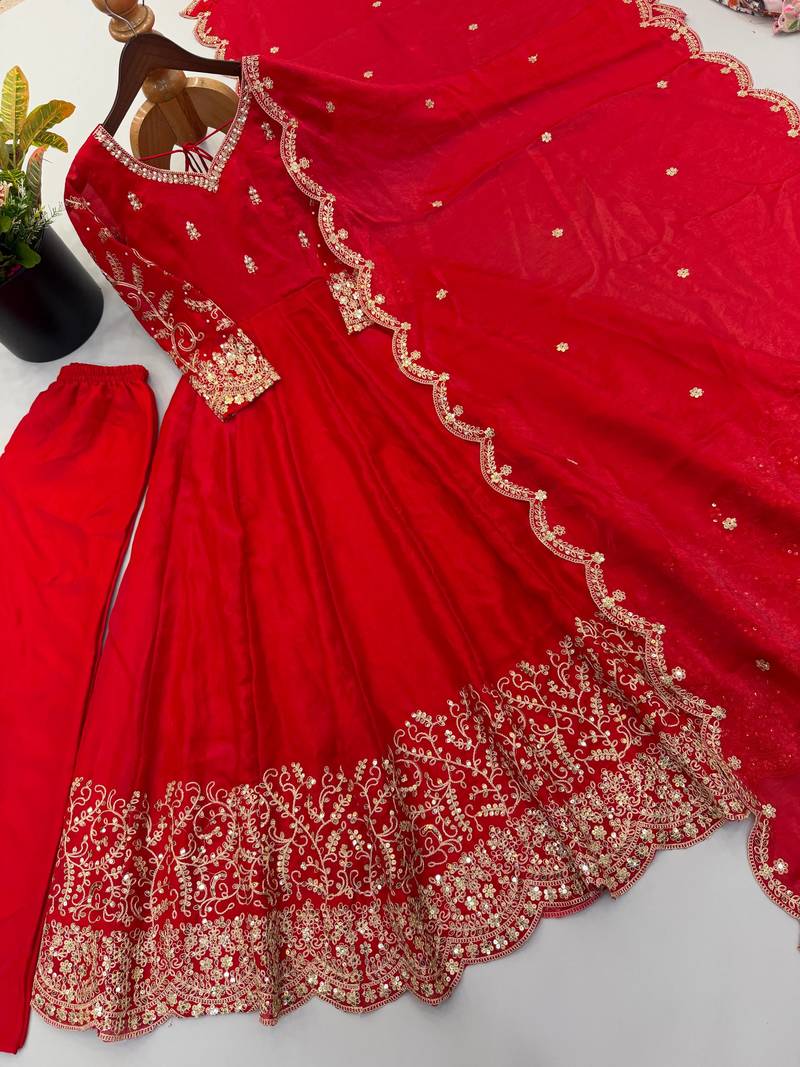 Designer red heavy embroidery work anarkali suit with dupatta