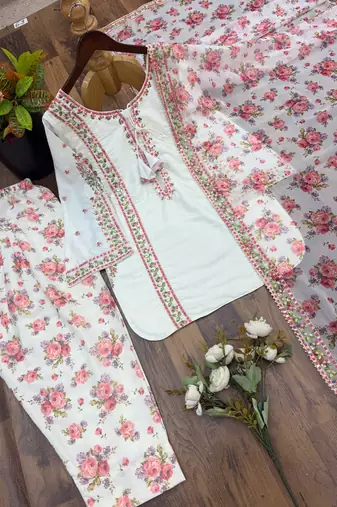 White floral printed short kurti with farshi pant & organza dupatta set for women