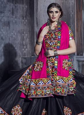 Black Art Silk Gamthi Butta Mirror With Lace Work Chaniya Choli 1