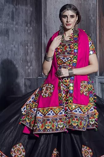 Black Art Silk Gamthi Butta Mirror With Lace Work Chaniya Choli