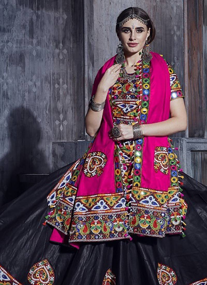 Black Art Silk Gamthi Butta Mirror With Lace Work Chaniya Choli