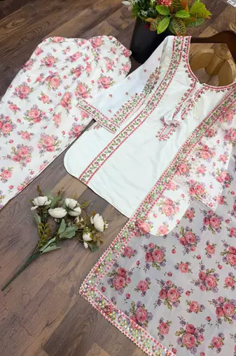 White floral printed short kurti with farshi pant & organza dupatta set for women