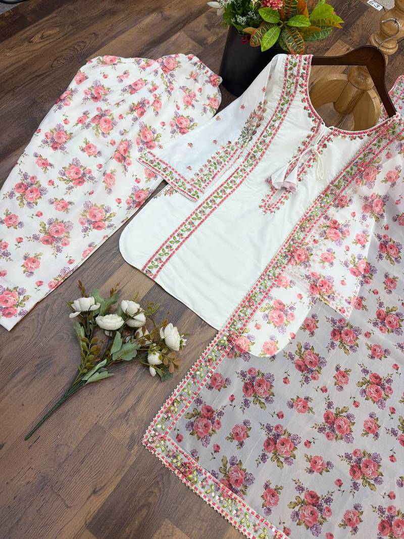 White floral printed short kurti with farshi pant & organza dupatta set for women