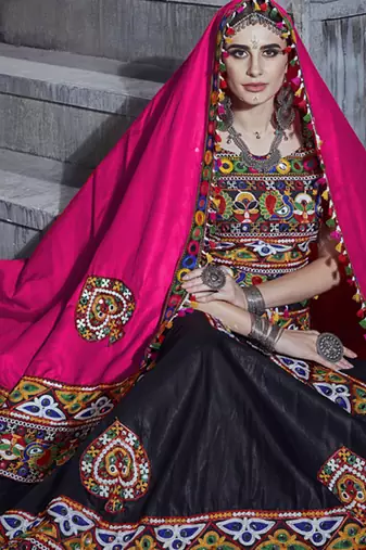 Black Art Silk Gamthi Butta Mirror With Lace Work Chaniya Choli