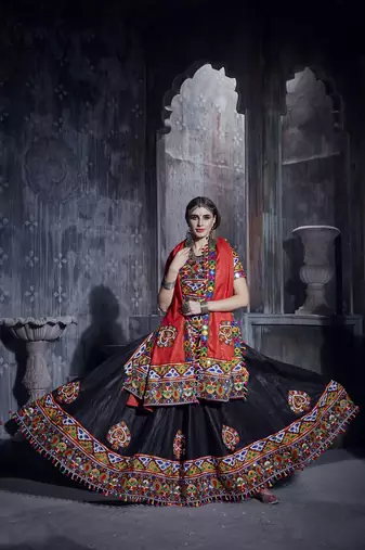 Black Art Silk Gamthi Butta Mirror With Lace Work Chaniya Choli