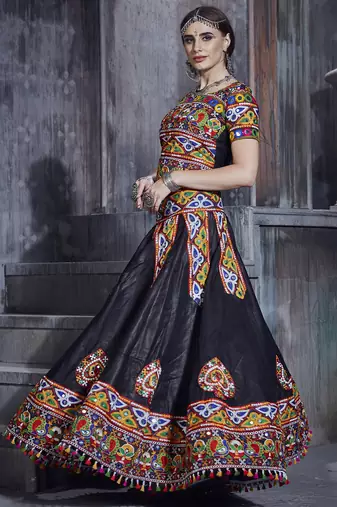 Black Art Silk Gamthi Butta Mirror With Lace Work Chaniya Choli
