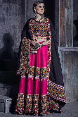 Rani Pink Art Silk Gamthi Butta, Mirror With Lace Work Chaniya Choli 1