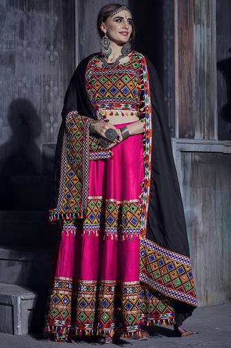 Rani Pink Art Silk Gamthi Butta, Mirror With Lace Work Chaniya Choli