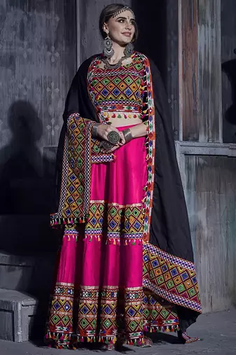 Rani Pink Art Silk Gamthi Butta, Mirror With Lace Work Chaniya Choli