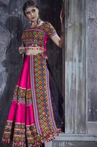 Rani Pink Art Silk Gamthi Butta, Mirror With Lace Work Chaniya Choli