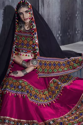 Rani Pink Art Silk Gamthi Butta, Mirror With Lace Work Chaniya Choli