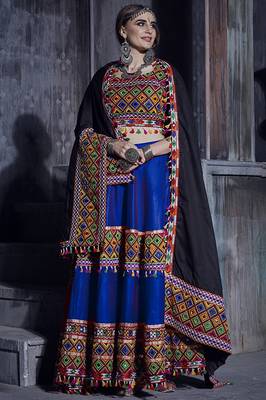 Blue Art Silk Gamthi Butta Mirror With Lace Work Chaniya Choli 1