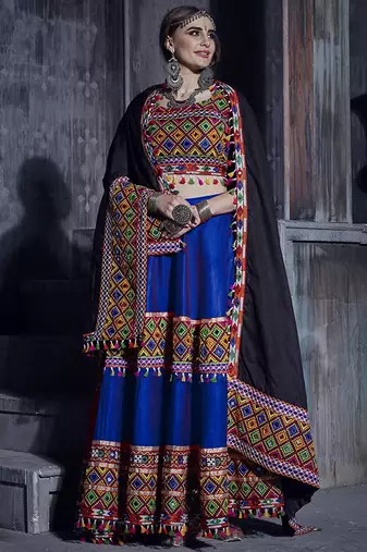 Blue Art Silk Gamthi Butta Mirror With Lace Work Chaniya Choli